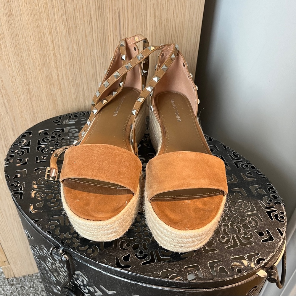 MARC FISHER Brown Suede Studded Platform Espadrilles